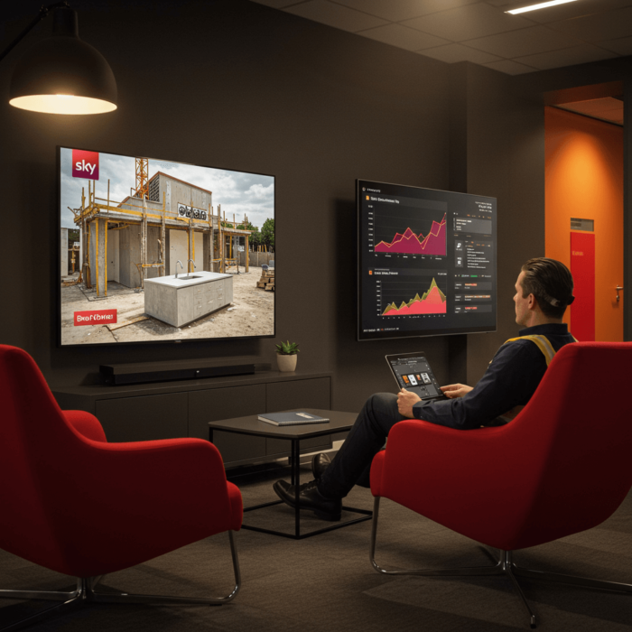 Man sitting on sofa watching sky, another tv next to it displaying graphs