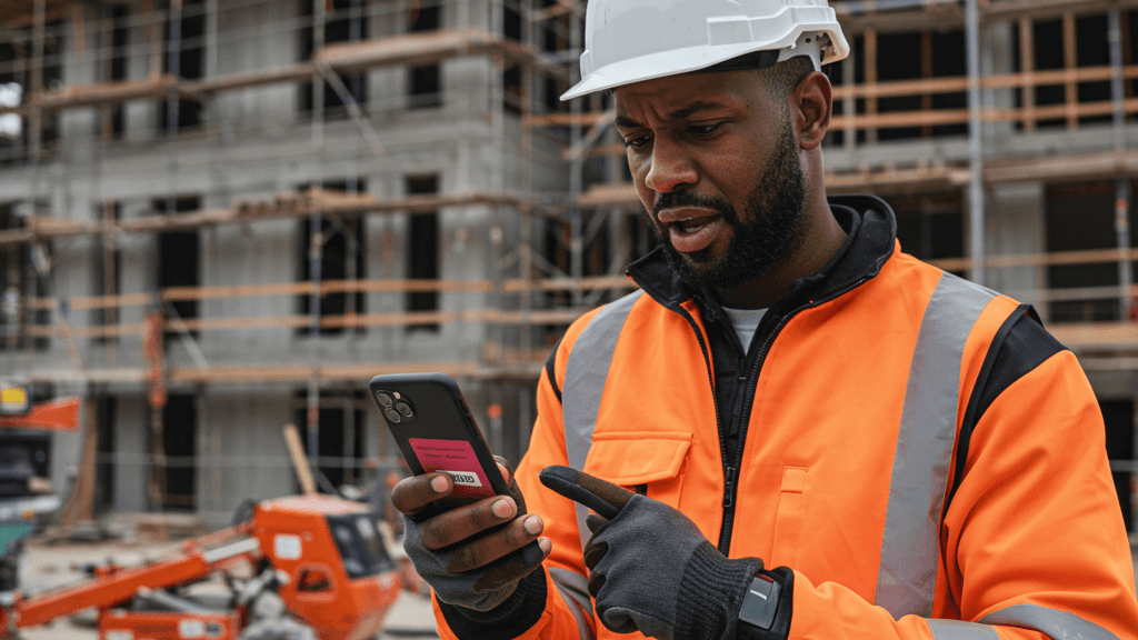 Construction Worker Holding His Phone, Pointing at it Construction Worker Holding His Phone, Pointing at it
